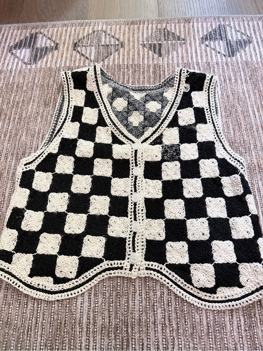 Handmade Crocheted Checkerboard Vest in Black & Cream